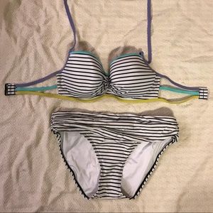 Black and white striped bikini with hints of color